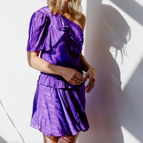 NEW IRO Pardee Mini Dress in Purple flowy off shoulder One Sleeve 36 / 4 / Small - Picture 3 of 9